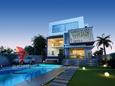 impressive high class bungalow exterior night view 3d rendering with landscape designing